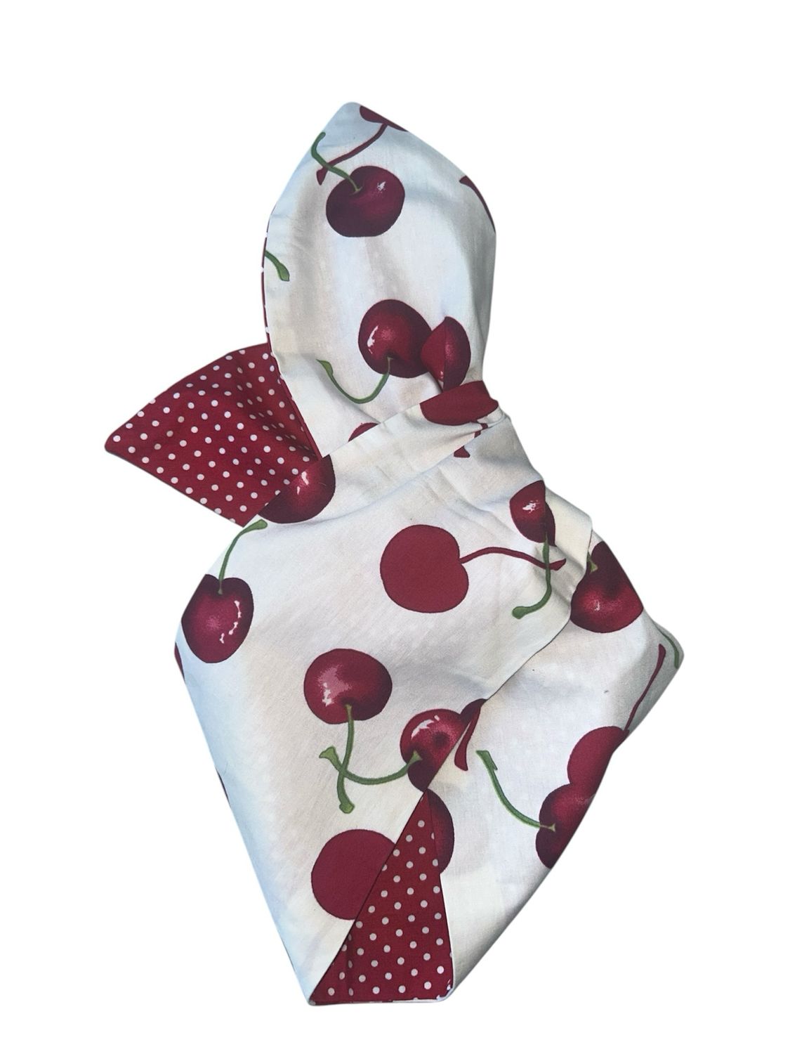 Winter White with large red cherry / red polka reverse