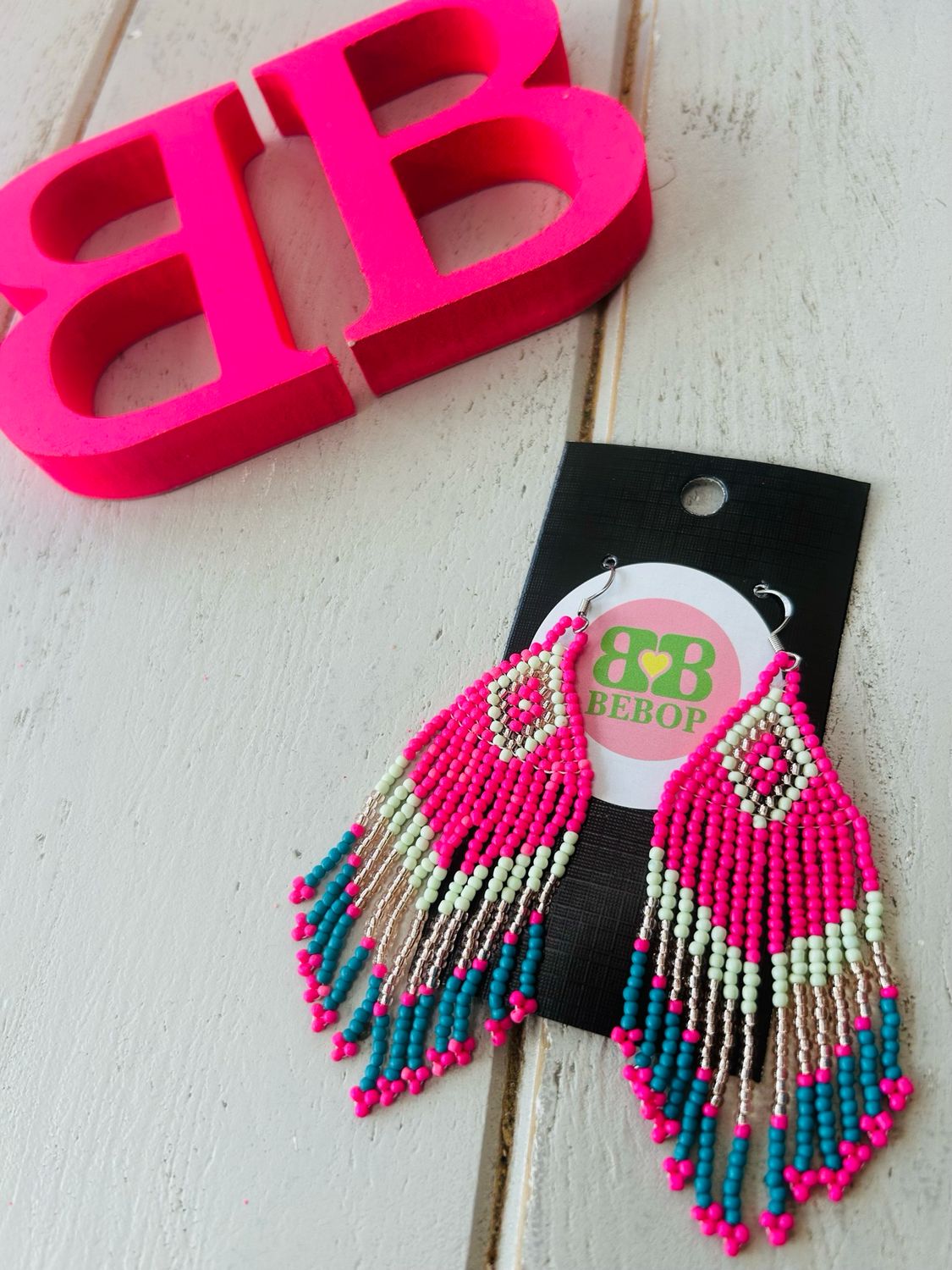 Fushia And Turq Bead Drop Earrings