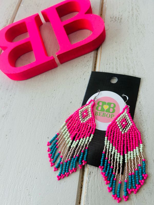 Fushia And Turq Bead Drop Earrings