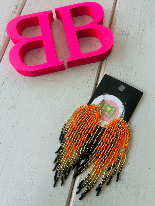 Orange , Black And Gold Beaded Earrings