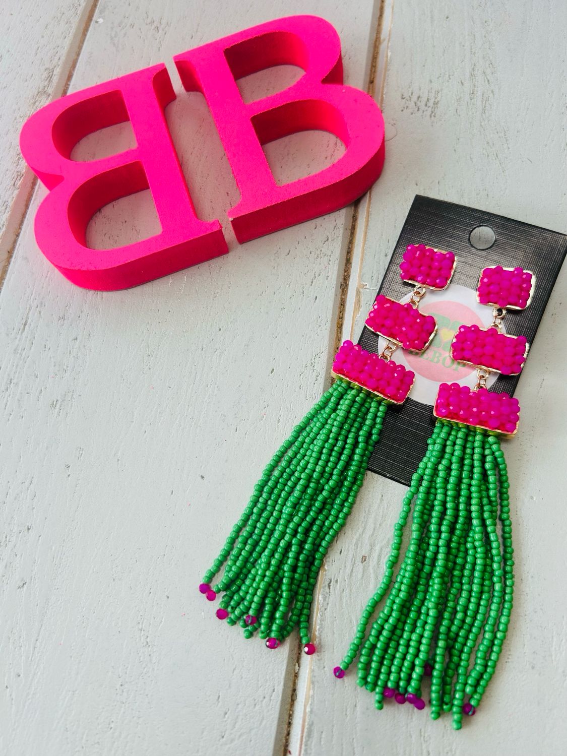 Long Drop Bright Pink And Green Beaded Earrings
