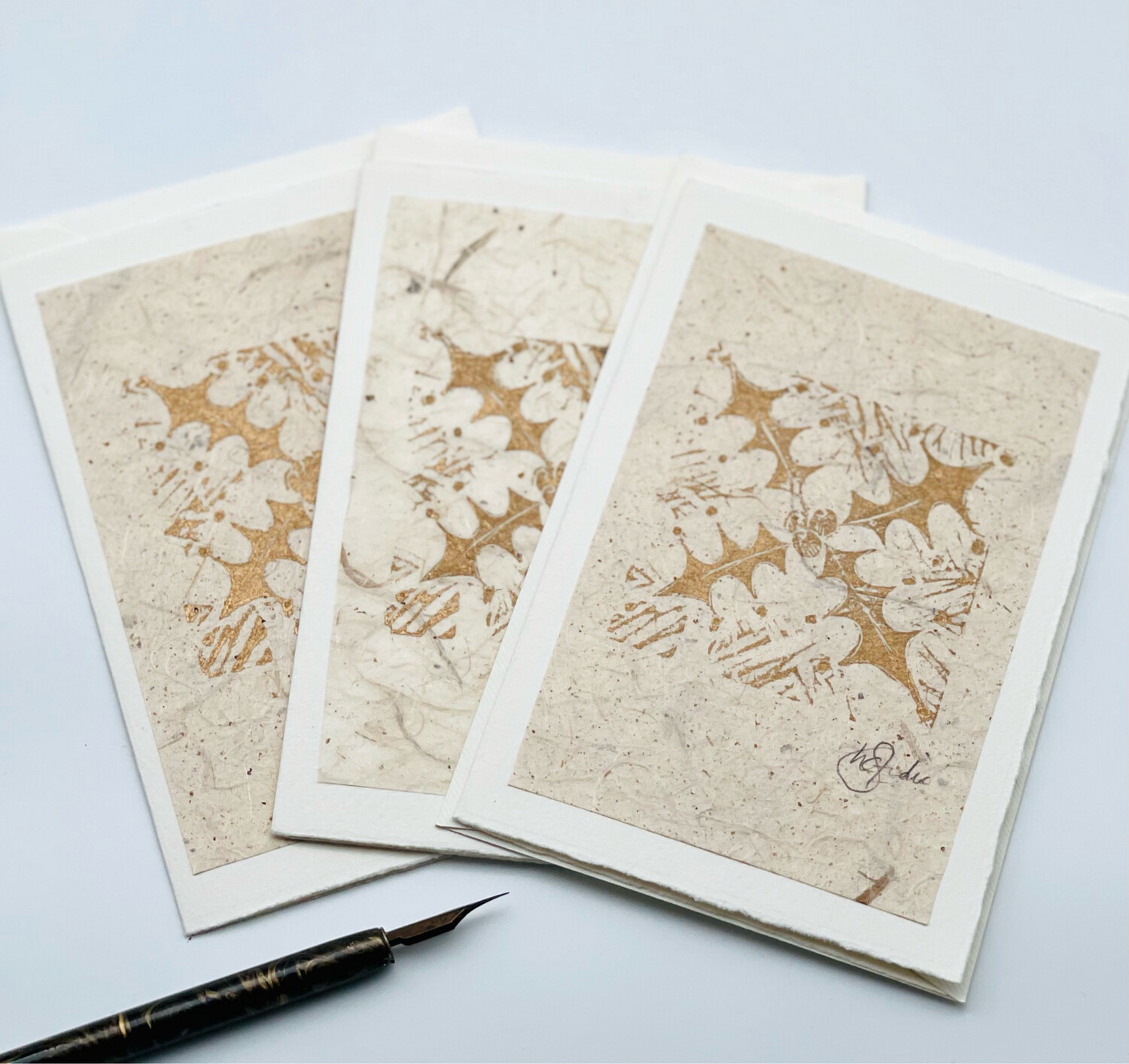Holly Handprinted Linocut Christmas Card ~ Gold (pack of 3)