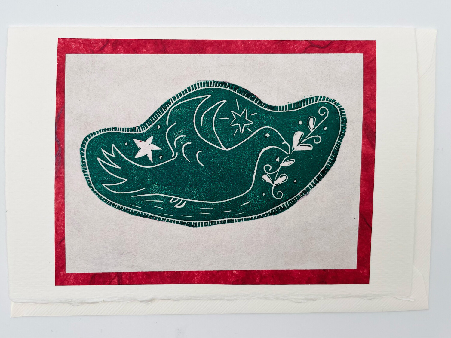 'Dove on a Starry Night' Handprinted Linocut Christmas Card ~ Green