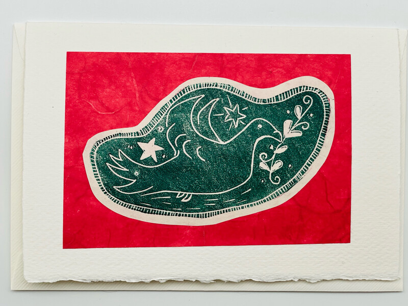 'Dove on a Starry Night' Handprinted Linocut Christmas Card ~ Green on Red