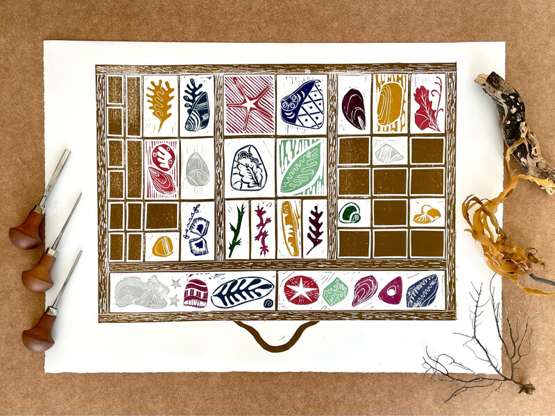 Printmaker’s Letterpress Tray Coastal Curios Linocut Print