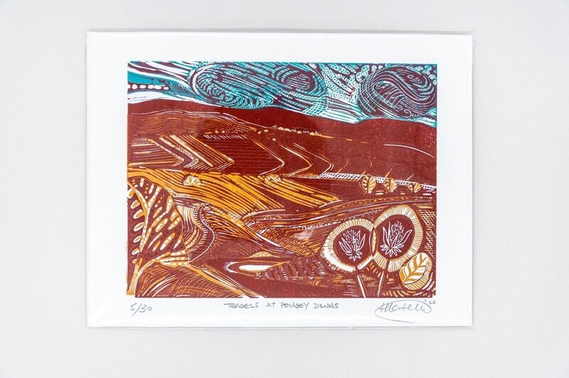 Teasels at Pewsey Downs Linocut Print