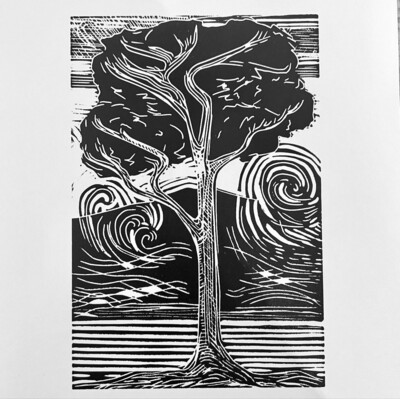 ‘The Last Tree Oliver’s Castle’ Roundway Hill Wiltshire Linocut