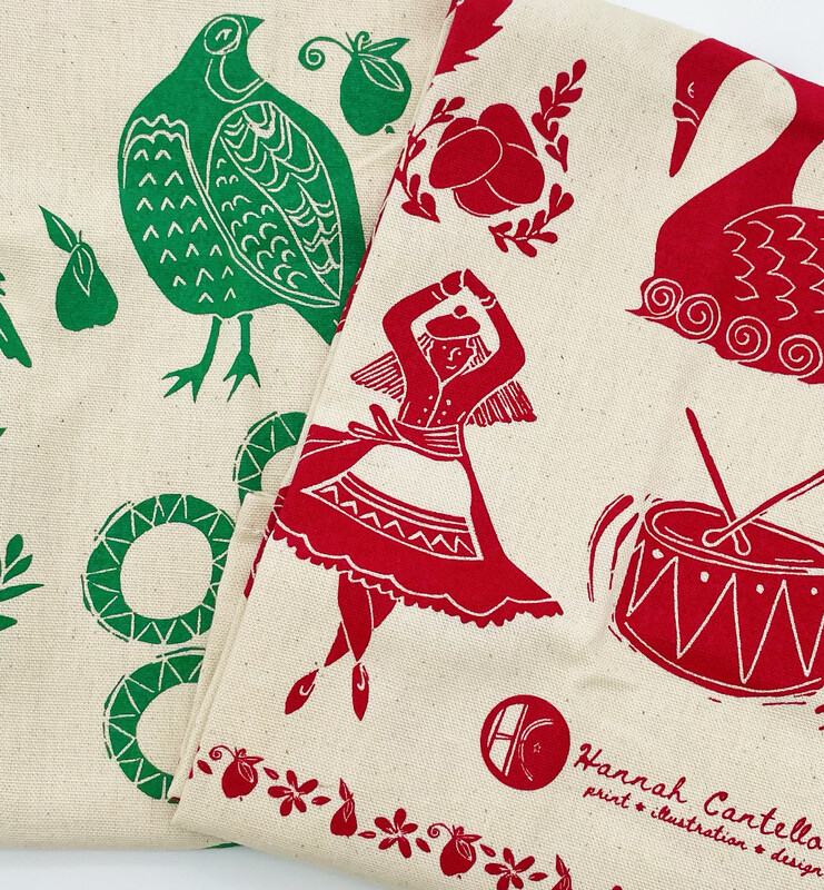 The 12 Days of Christmas Screen Printed Natural Cotton Tea Towel
