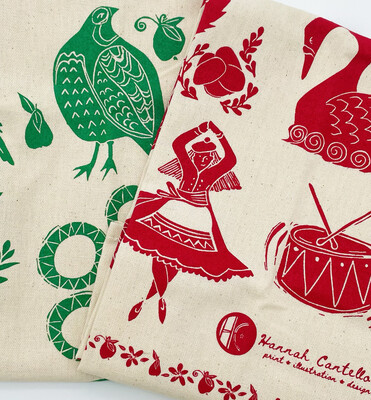 The 12 Days of Christmas Screen Printed Natural Cotton Tea Towel