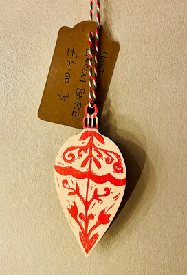 Red Folk Pattern Bauble Handprinted Wooden Christmas Tree Decoration