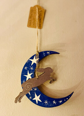 Silver Hare Midnight Starry Moon Handprinted Wooden Christmas Decoration