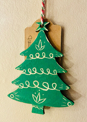 Green Folk Pattern Christmas Tree Handprinted Wooden Tree Decoration