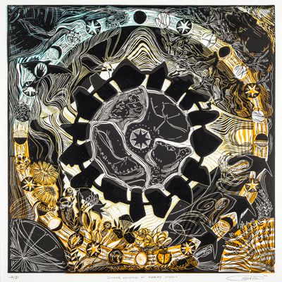 Summer Solstice at Avebury Stones Original Linocut Print