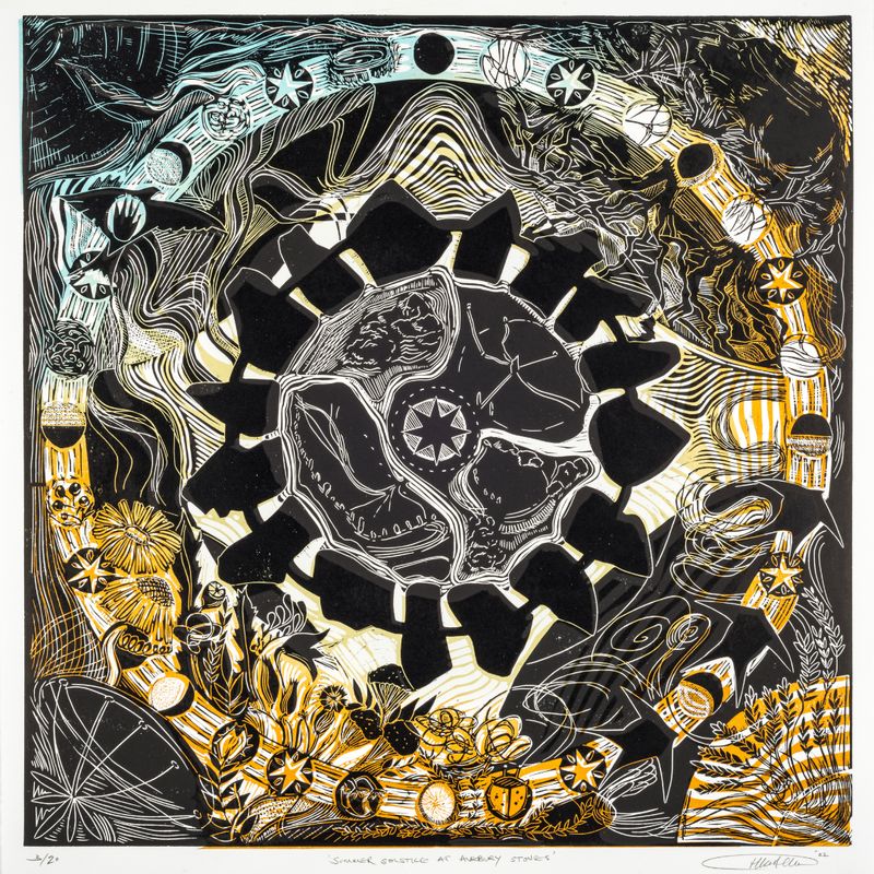 Summer Solstice at Avebury Stones Original Linocut Print