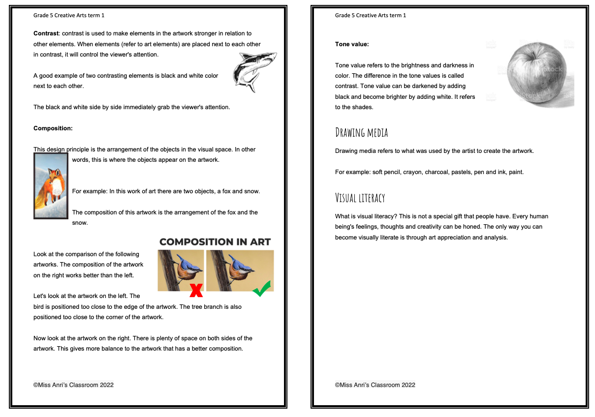grade 5 creative arts term 1 booklet