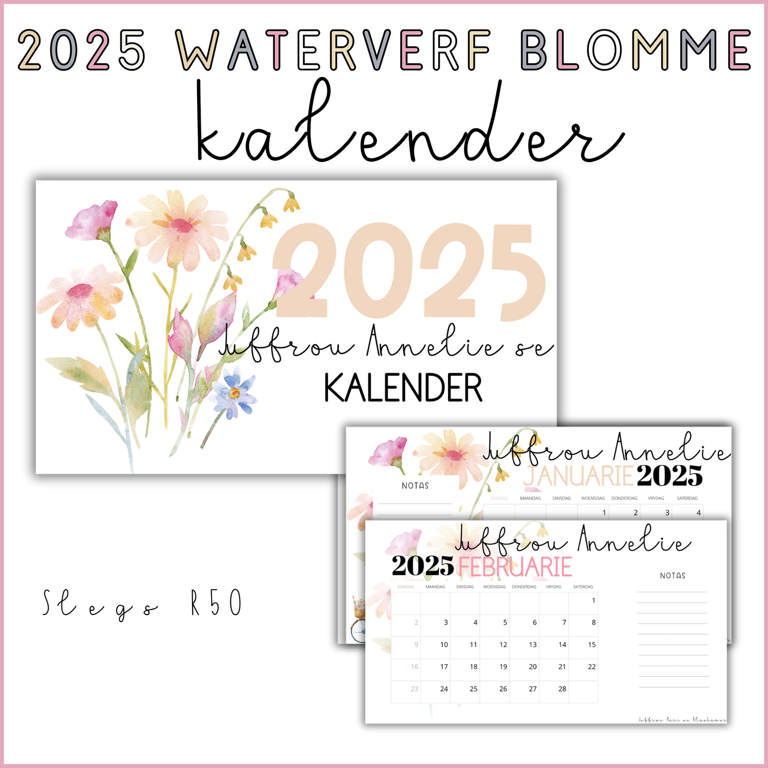 2025 WATERVERF BLOMME KALENDER