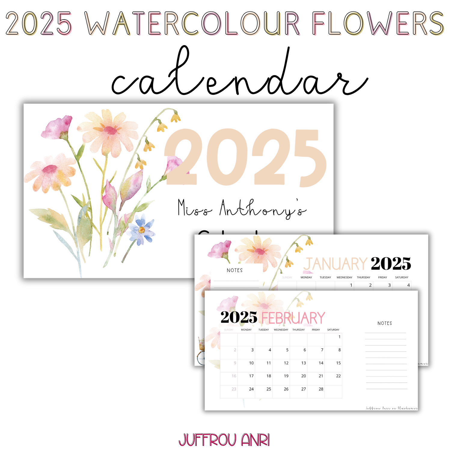 2025 WATERCOLOUR FLOWERS CALENDAR