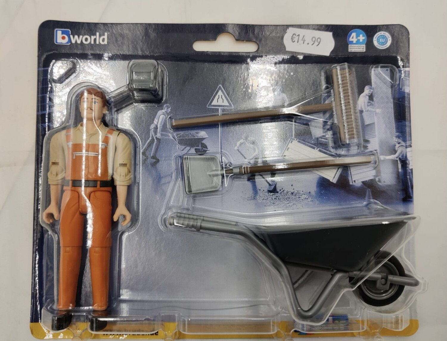 Bruder bworld Municipal Worker figure with wheelbarrow, broom, and shovel

