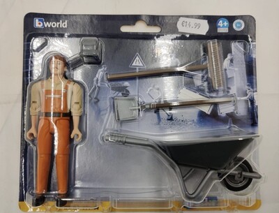 Bruder bworld Municipal Worker figure with wheelbarrow, broom, and shovel

