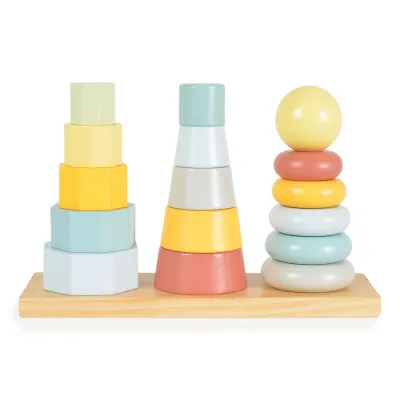 Wooden Shape Tower stacking toy with colorful rings and base

