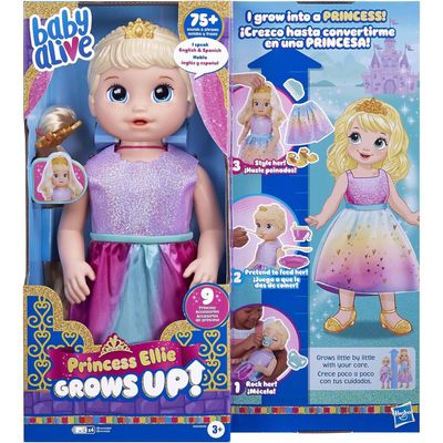 Baby Alive Princess Ellie Grows Up interactive doll transforming from baby to toddler with accessories.

