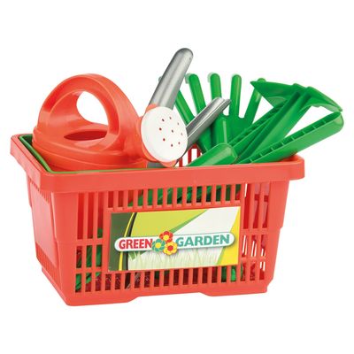 Green Garden Basket with Garden Implements