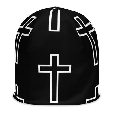 All-Over Cross Print Beanie Black Background