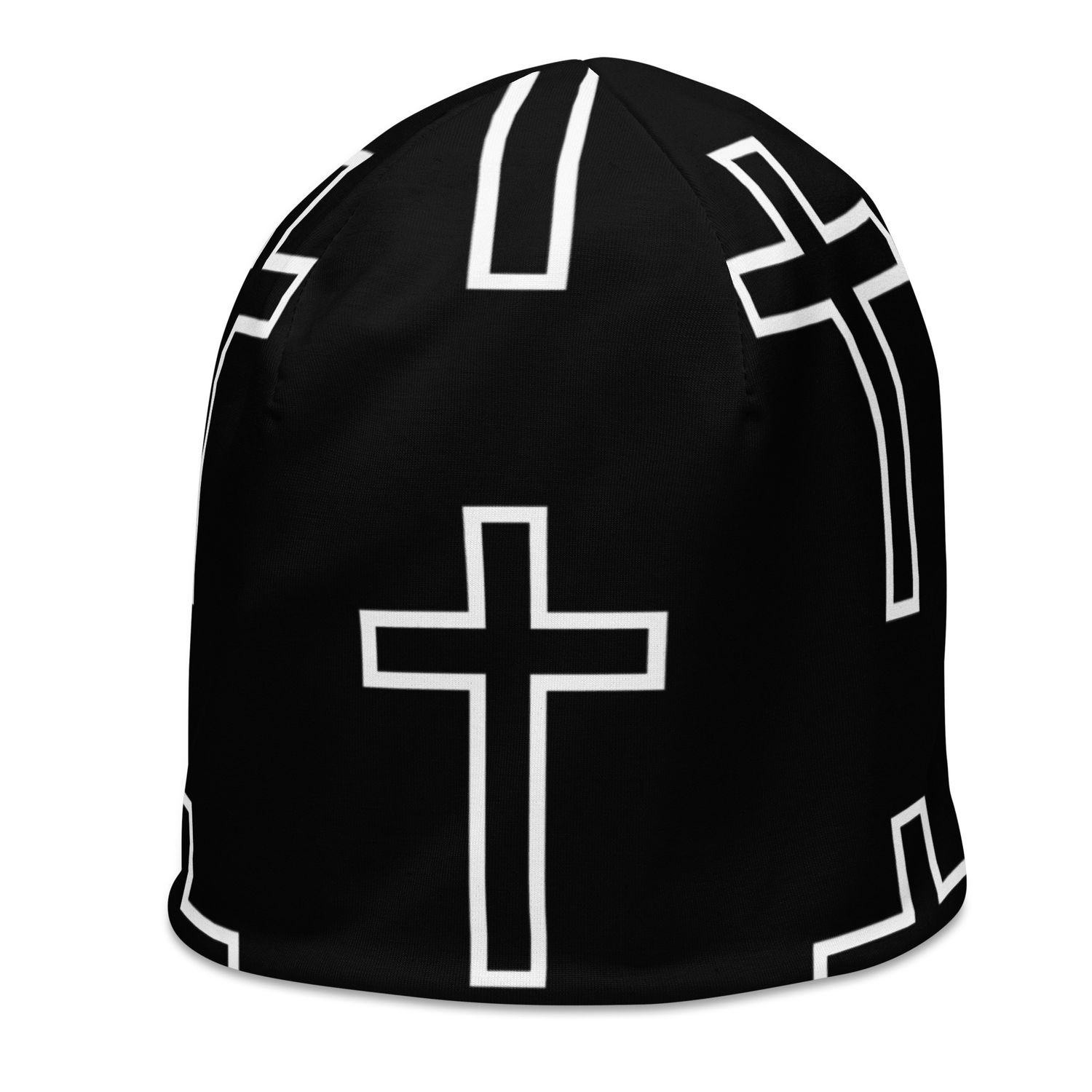 All-Over Cross Print Beanie Black Background