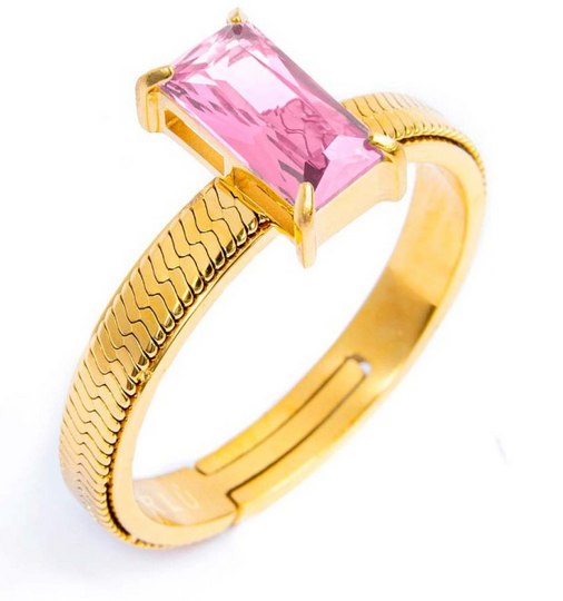 Marlù Anello Regolabile con zircone baguette, ANELLO: BASE GOLD PIETRA ROSA N.15-17