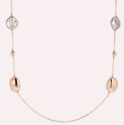 Bronzalure Collana Lunga con Pepite Lucide in Golden Rosé e Perle d'Acqua Dolce