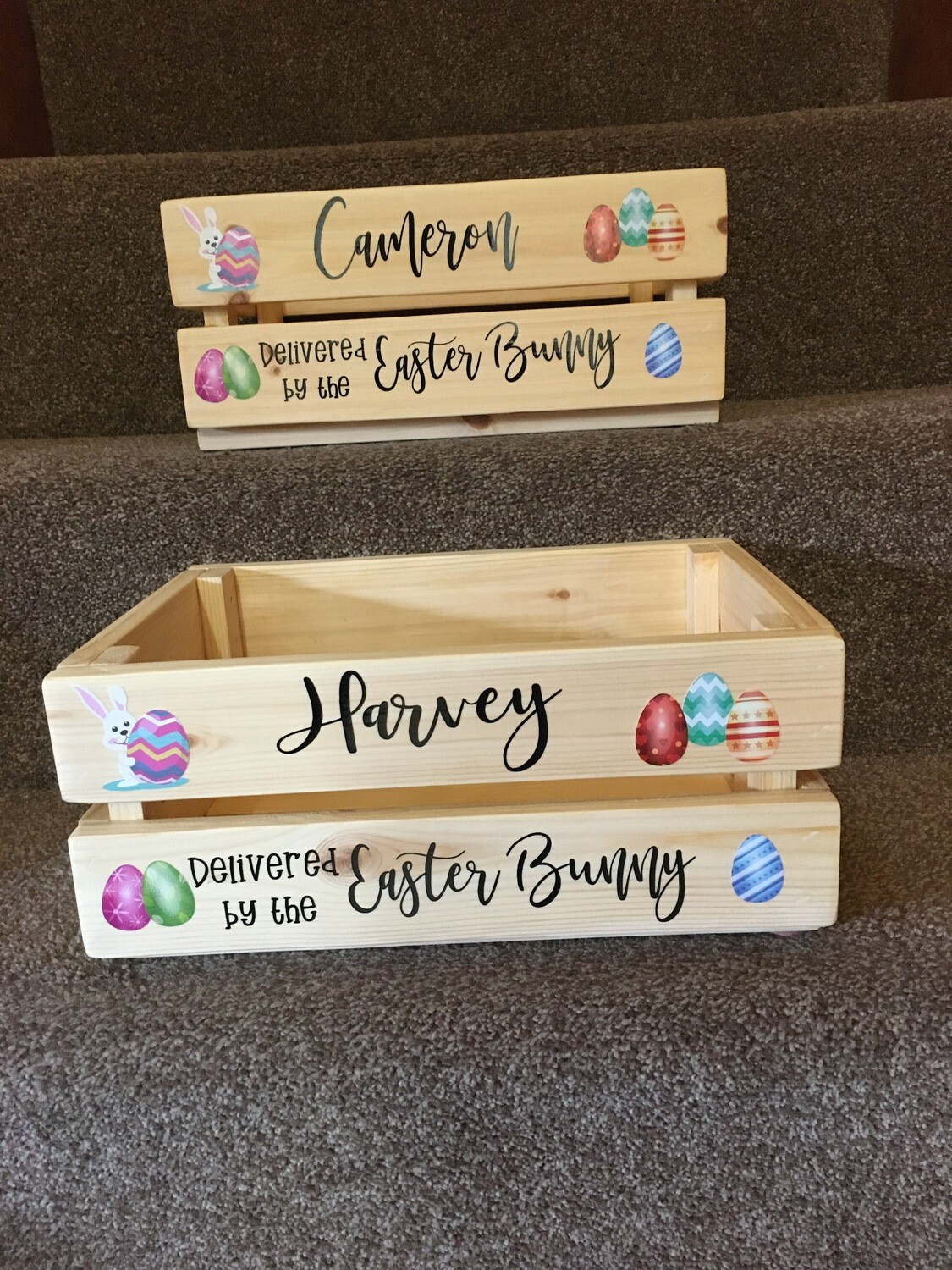 Easter crate with personalisation.