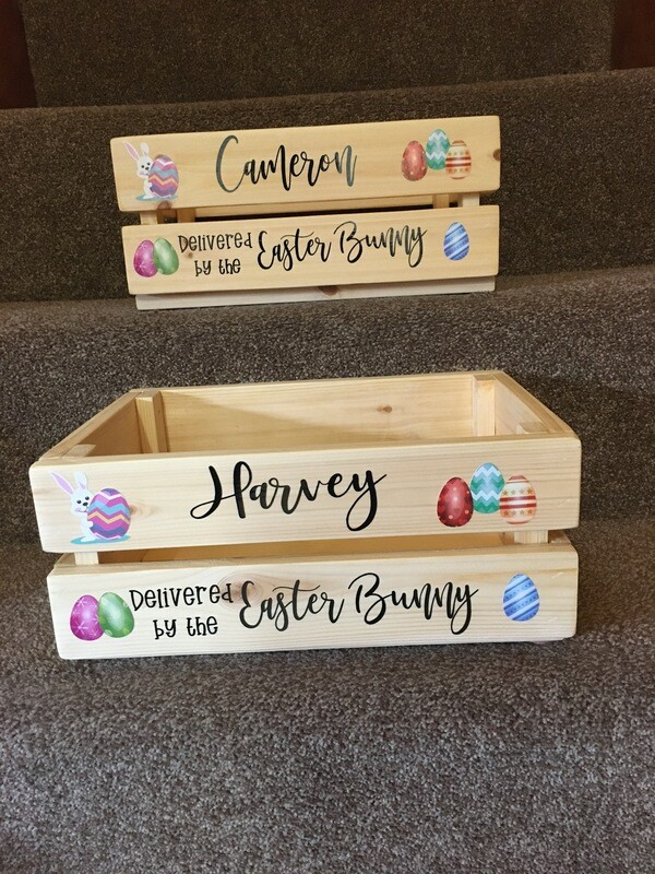Easter crate with personalisation.