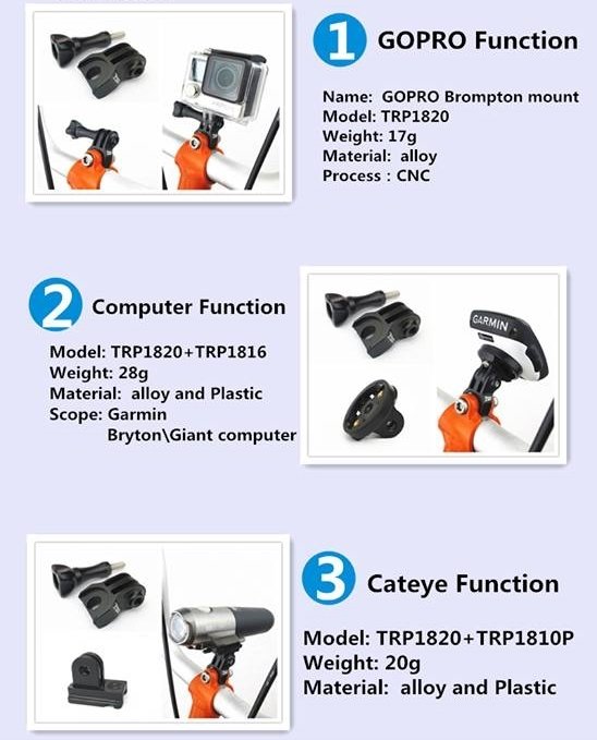 Easy Mount Head Tube Stem Bolt for GoPro Camera / Cateye Light / Garmin or Bryton GPS for Brompton  (TRIGO)