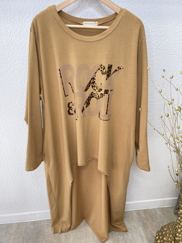 Vokuhila Longshirt mit Metallic Print - Camel