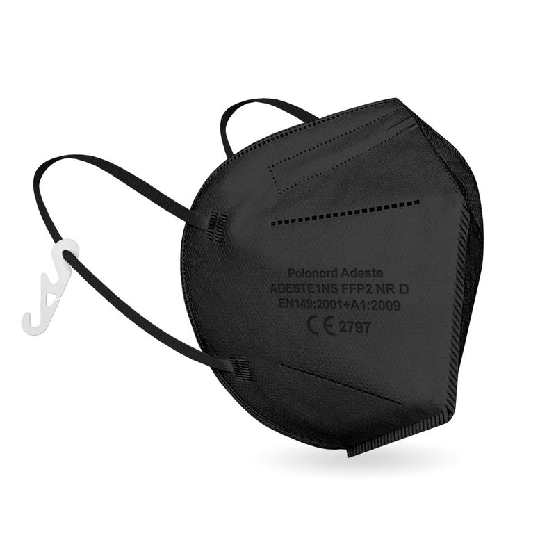 50 schwarze FFP2 Filtermasken mit Haken und Nasenschwamm