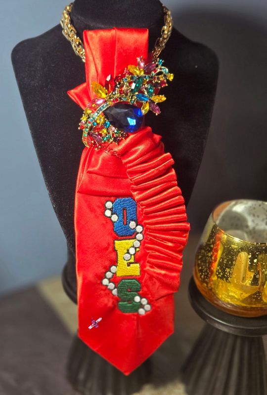 Embroidered Ruffle Tie with Pearls