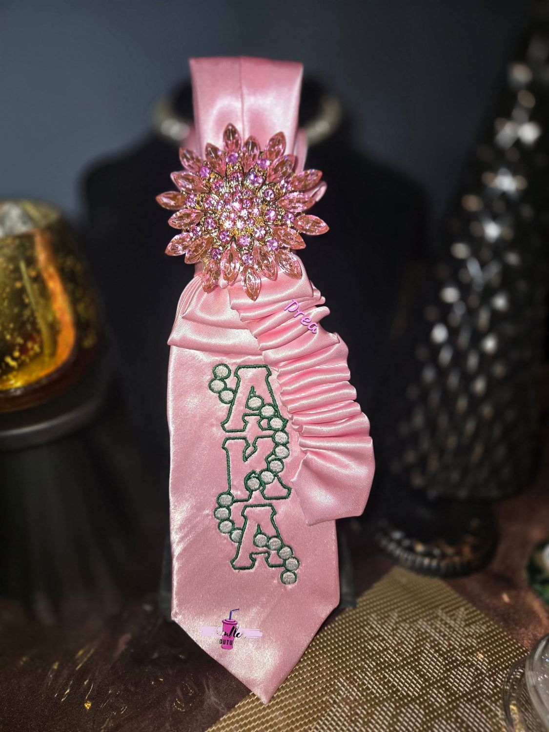 Embroidered Ruffle Tie with Pearls