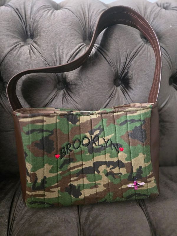 Brooklyn Tote w/ Army Fatigue and Brown Faux Leather
