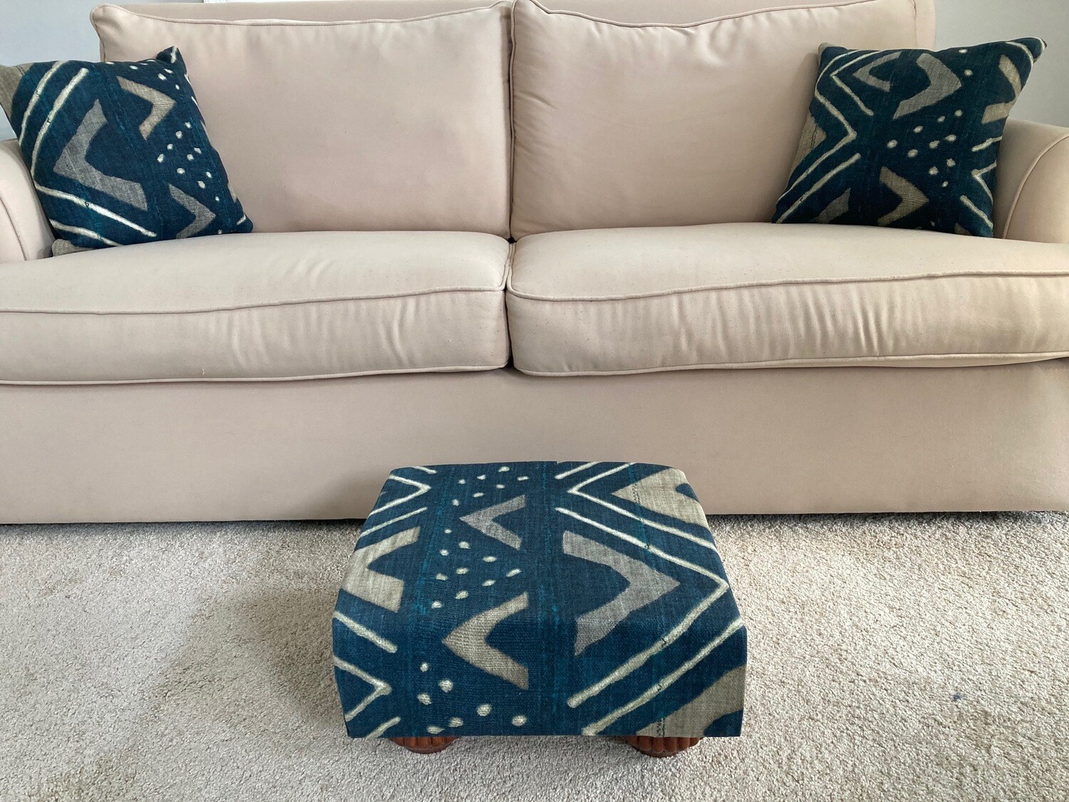 Blue African Mud Cloth Footstool with matching pillows