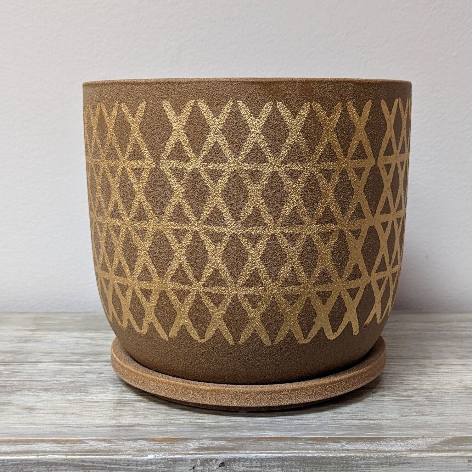 6" Brown and Gold Cement Pot With Tray