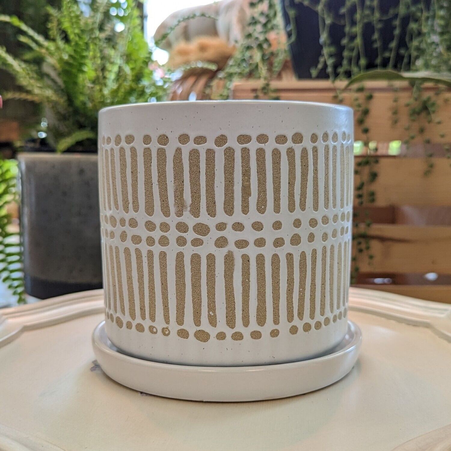 4" Cream and Raw Clay Pattern Pot