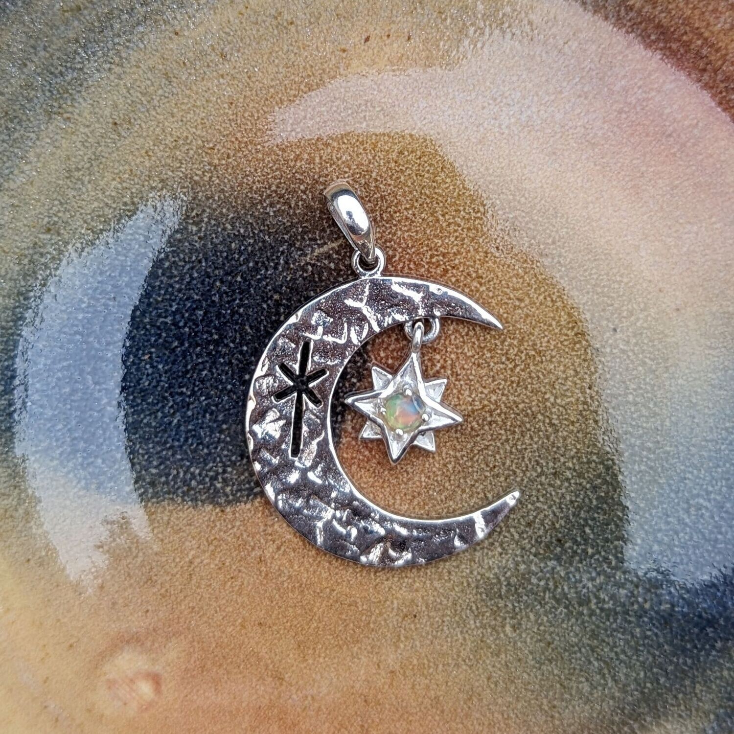 Sterling Silver Moon and Stars Opal Pendant