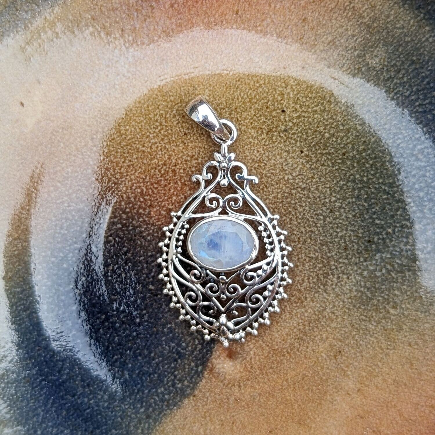 Sterling Silver Ornate Moonstone Pendant