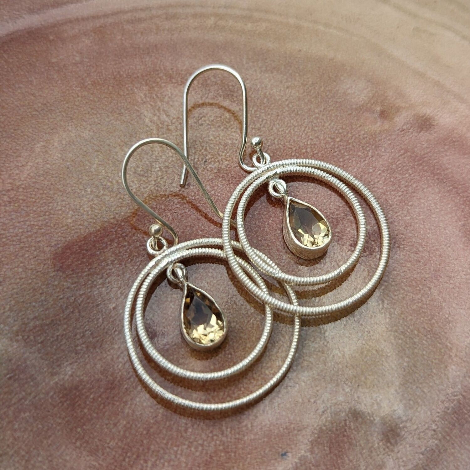 Sterling Silver Textured Circle Citrine Earrings
