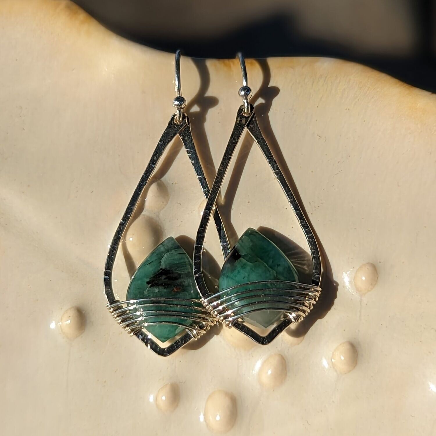 Sterling Silver Emerald Hammered Wrap Earrings