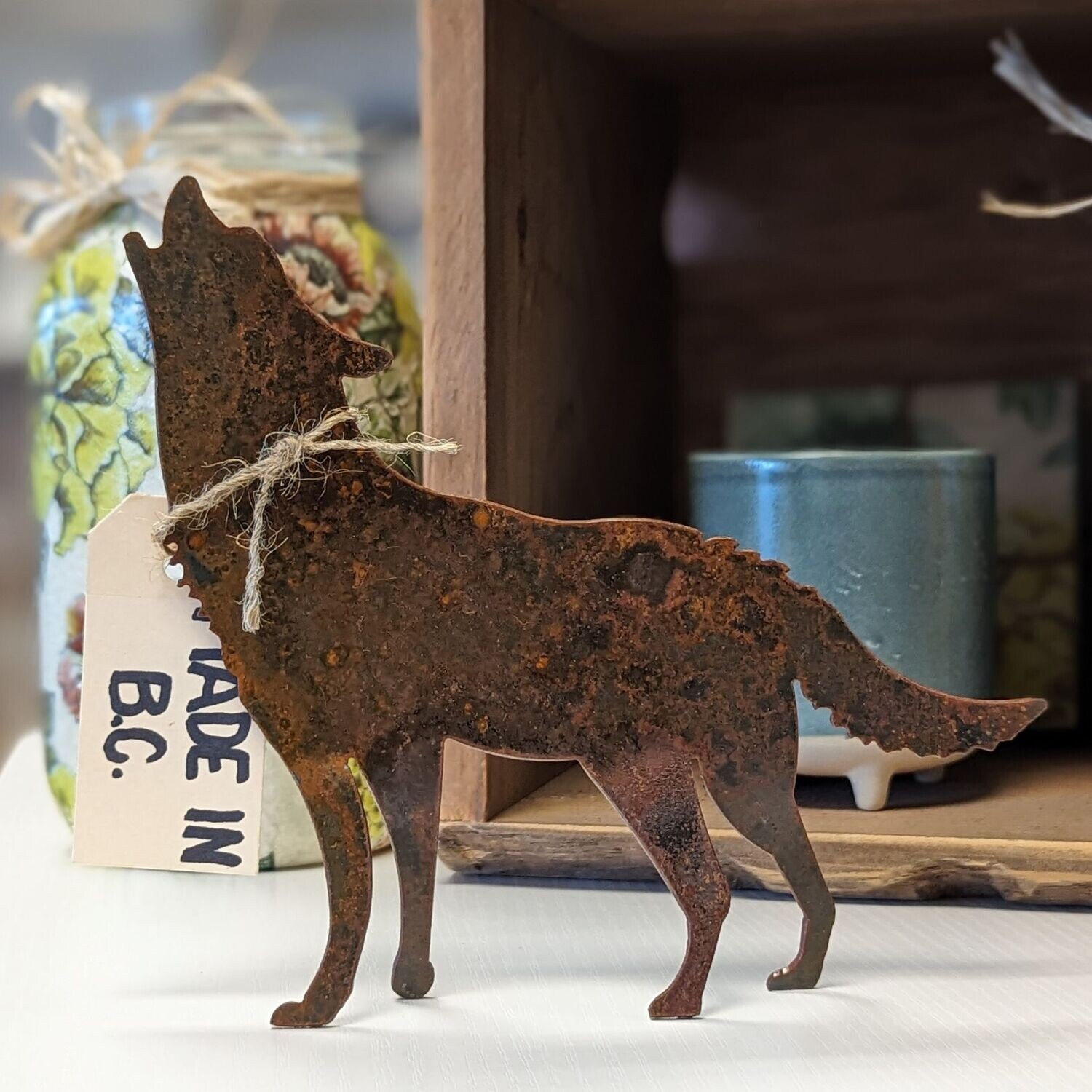 Small Rusted Metal Standing Wolf