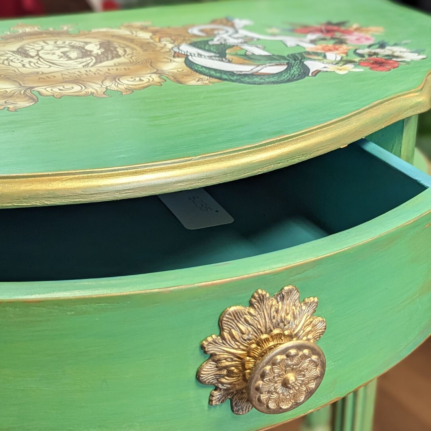 Upcycled Green and Gold Nautical Applique Side Table