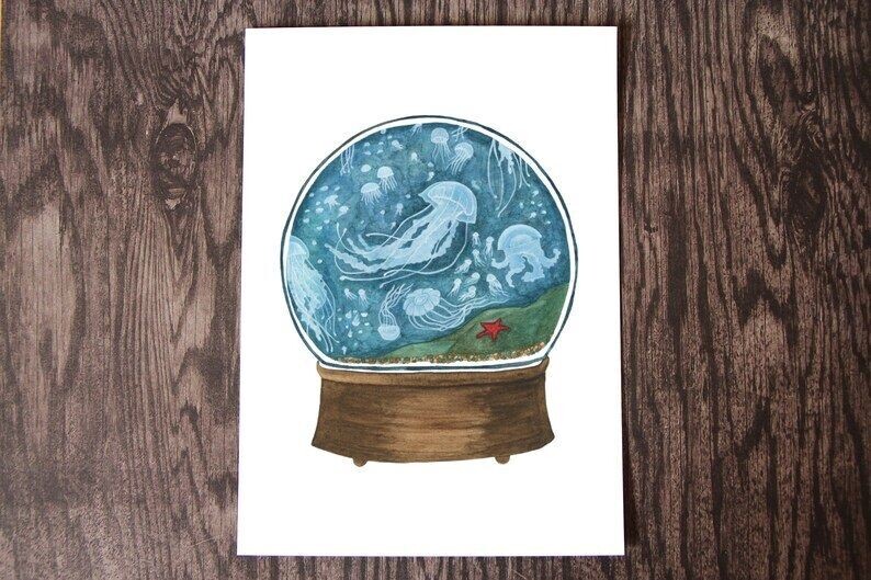 Jellyfish Snow Globe Watercolour Art Print (5x7)