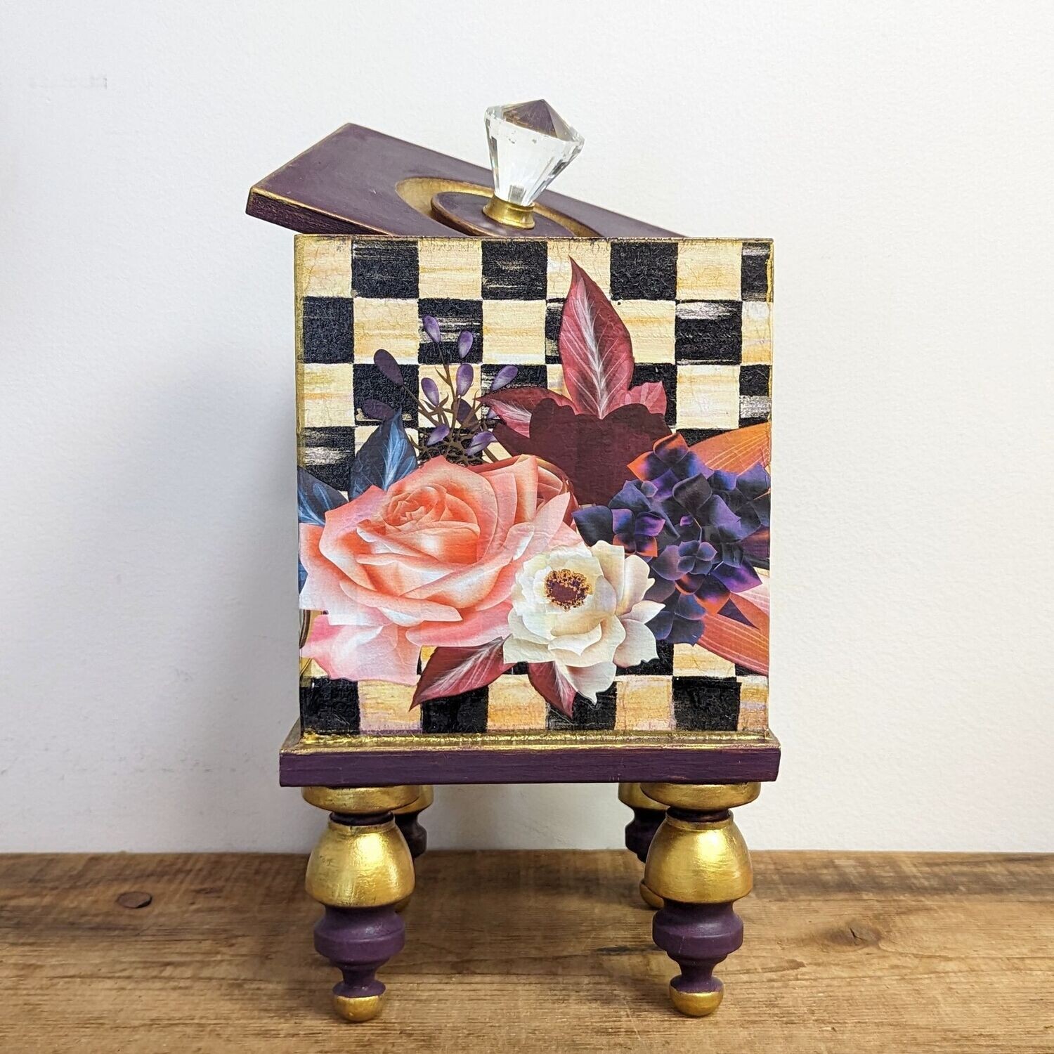 Upcycled Footed Floral Checkered Applique Box