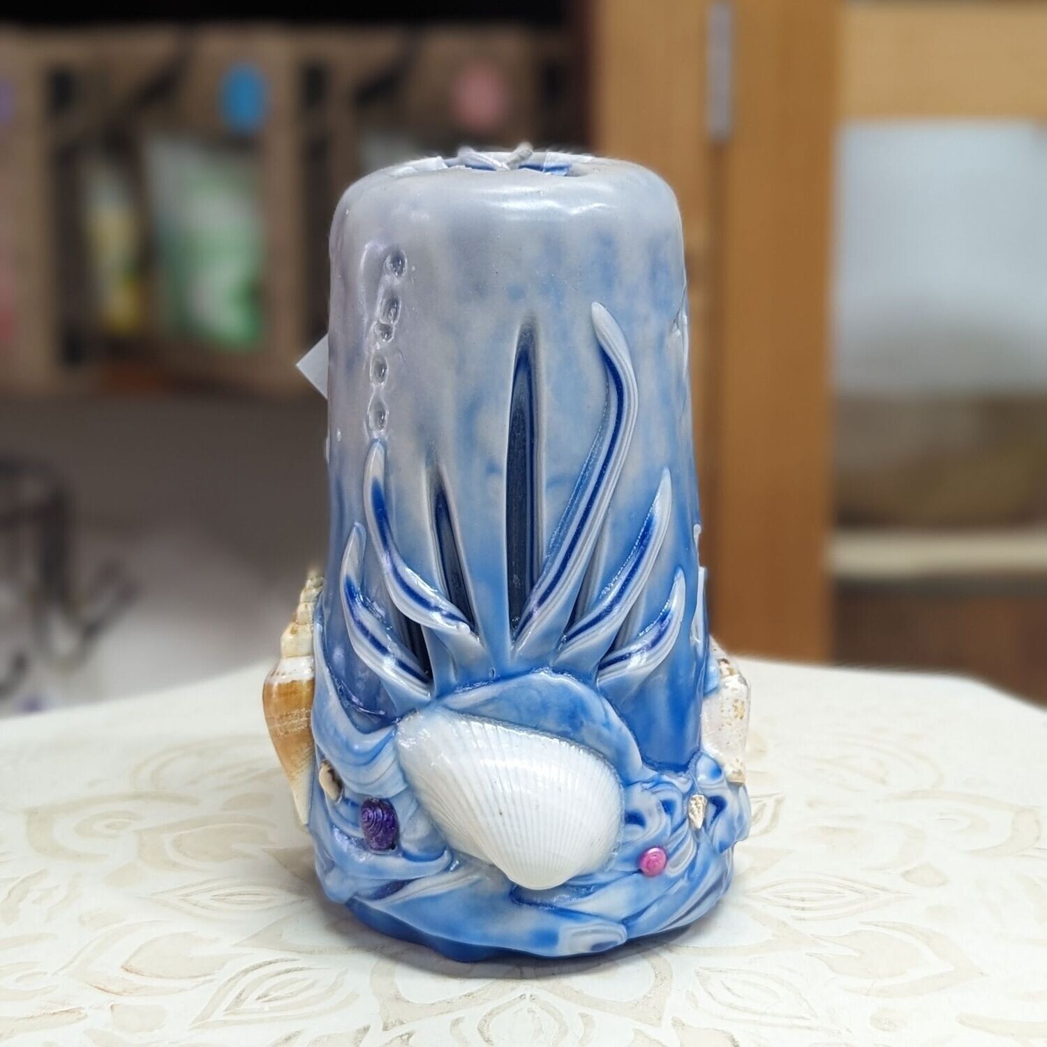 Tropical Blue Carved Candle